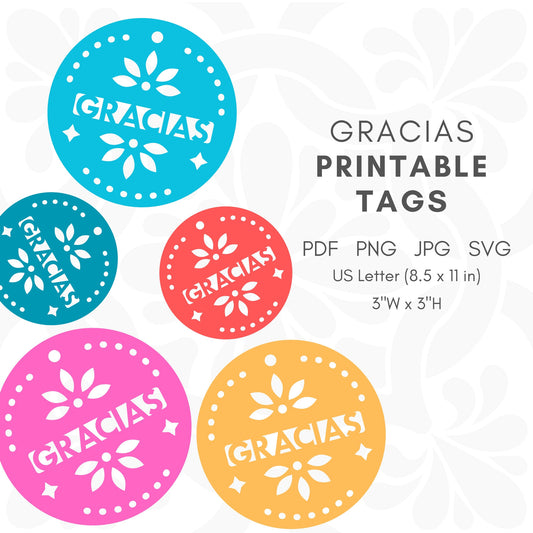 Papel Picado Printable Gracias Circle Tags, Thank you Tag in Spanish, Instant Digital Download, SVG PDF JPG Cut file